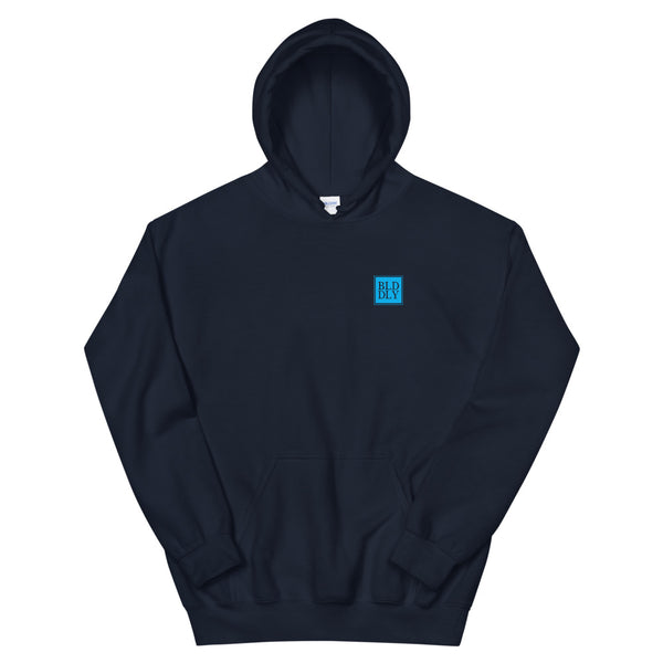 Navy blue hooded sweatshirt with light blue build daily monogram logo