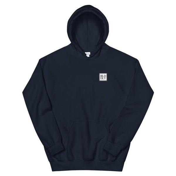 Navy blue hooded sweatshirt with white build daily monogram logo