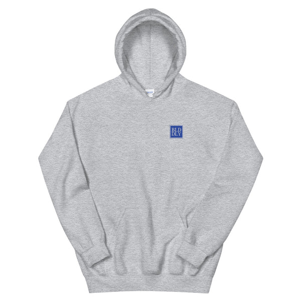 Grey hooded sweatshirt with royal blue build daily monogram logo