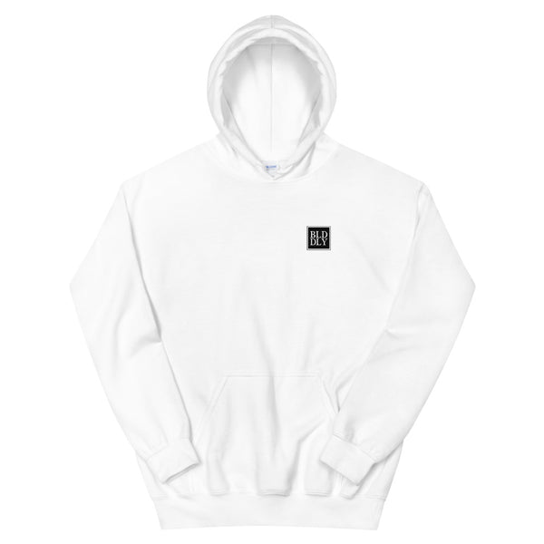 White hooded sweatshirt with black build daily monogram logo