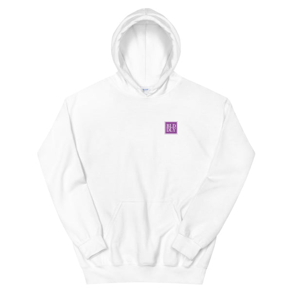 White hooded sweatshirt with purple build daily monogram logo