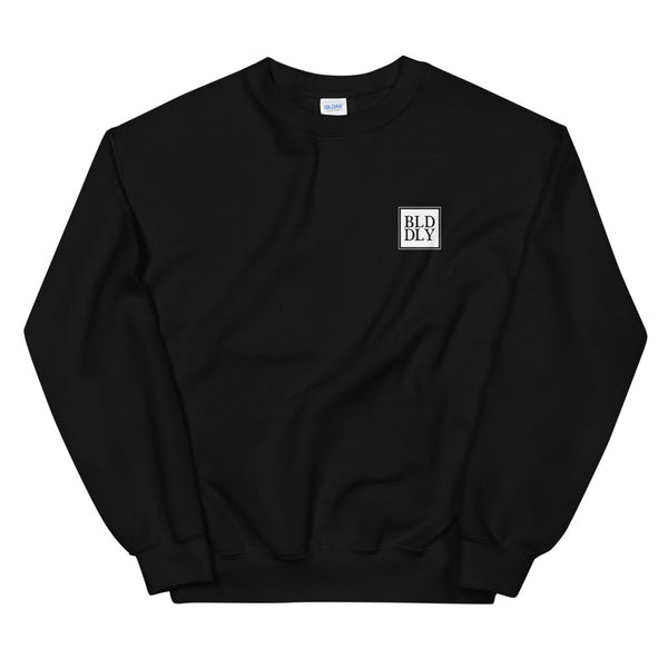 Black crewneck sweatshirt with white build daily monogram logo