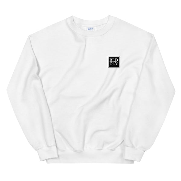 White crewneck sweatshirt with black build daily monogram logo