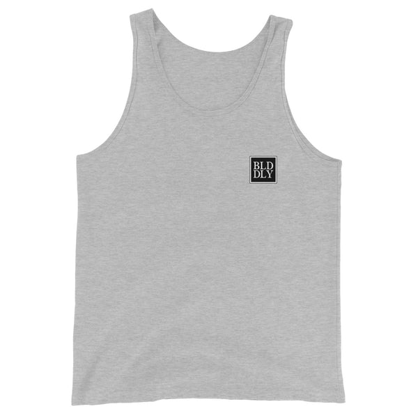 Grey tank top shirt with black and white build daily monogram logo