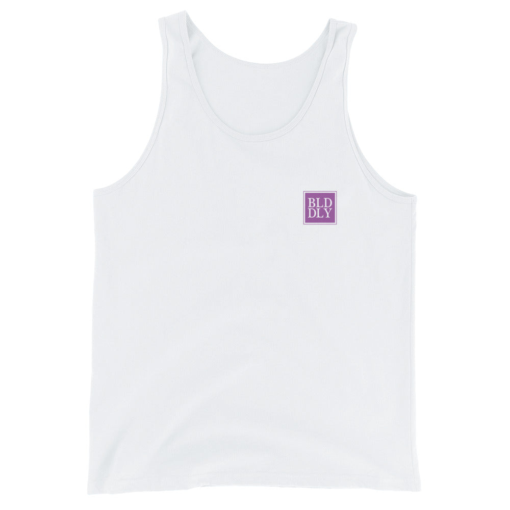 White tank top shirt with purple build daily monogram logo