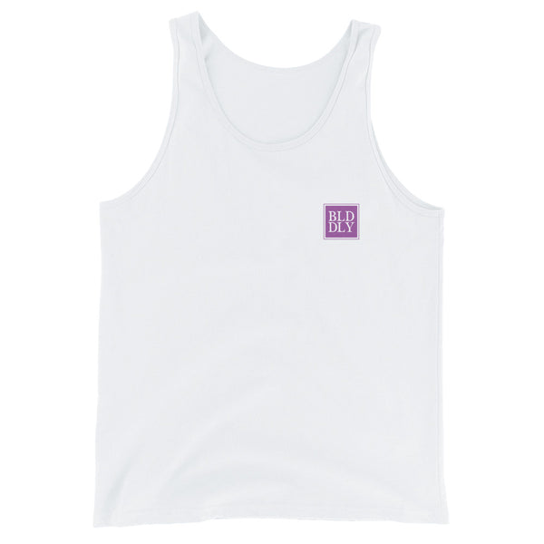 White tank top shirt with purple build daily monogram logo