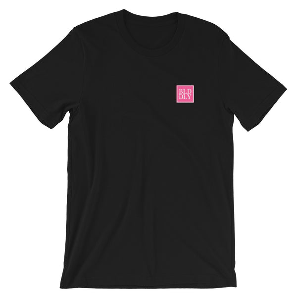 Black t shirt with pink and white build daily monogram logo