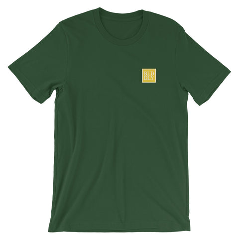 Green t shirt with yellow and white build daily monogram logo