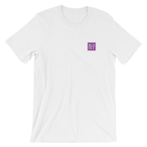 White t shirt with purple build daily monogram logo