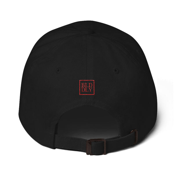 Back of black cap with red build daily monogram logo
