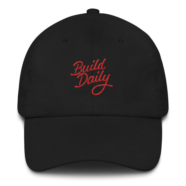 Black cap with red build daily signature logo