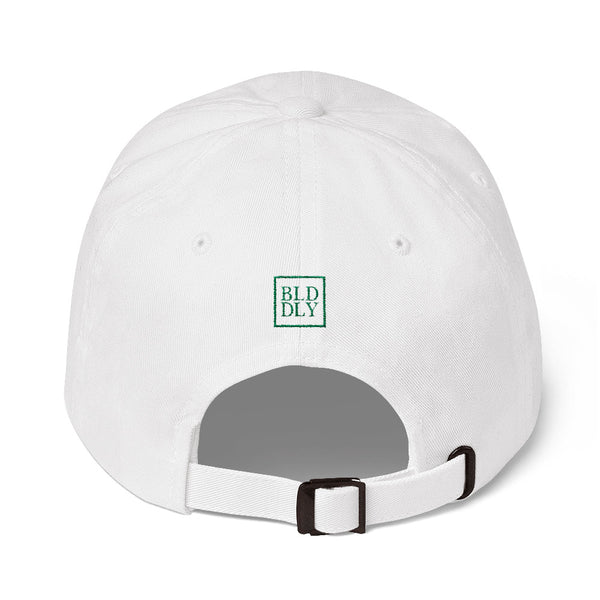Back of white cap with green build daily monogram logo