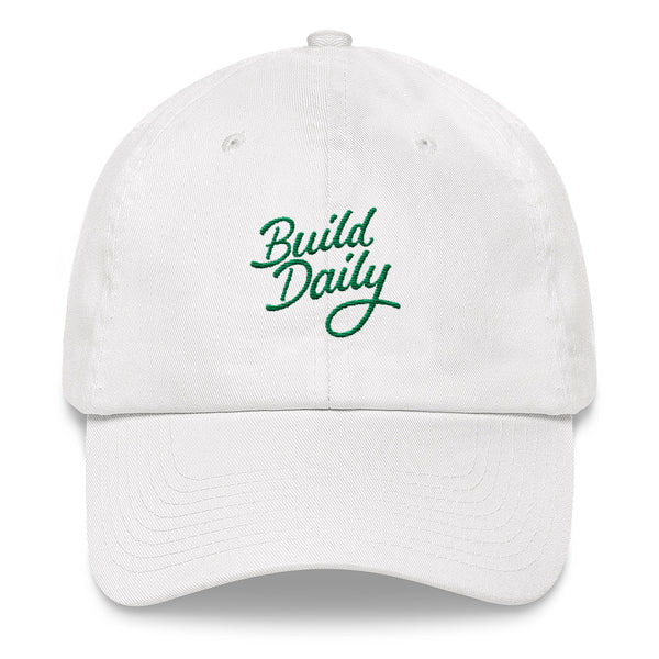 White cap with green build daily signature logo