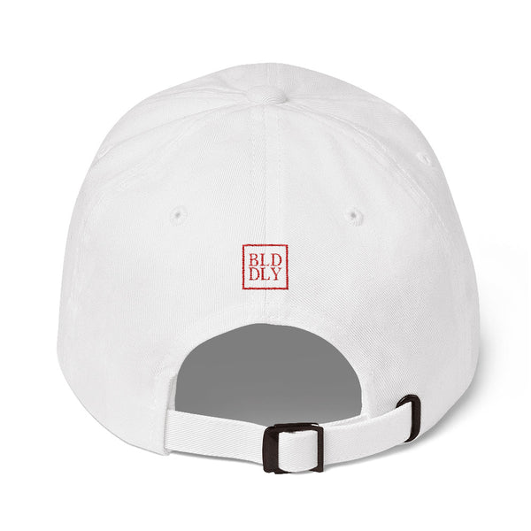 Back of white cap with red build daily monogram logo