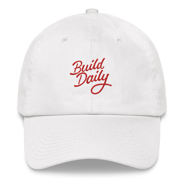 White cap with red build daily signature logo