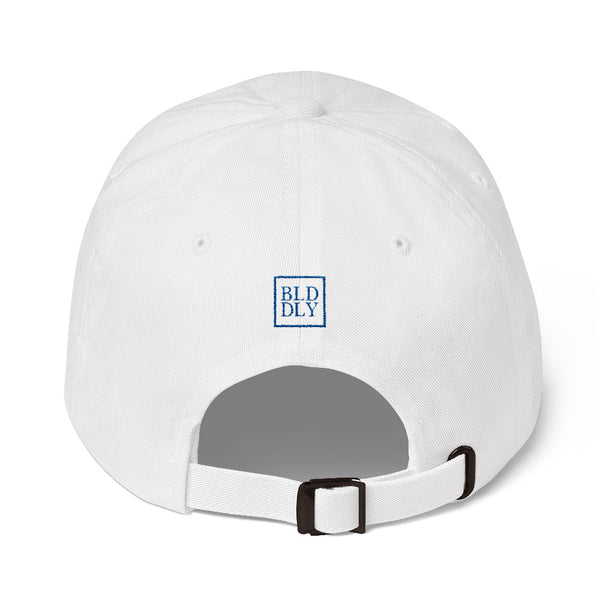 Back of white cap with royal blue build daily monogram logo