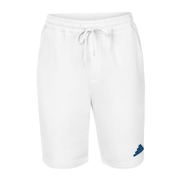 White shorts with royal blue bricks logo