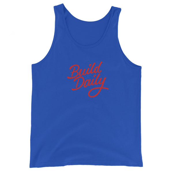 Royal blue tank top shirt with red build daily signature logo