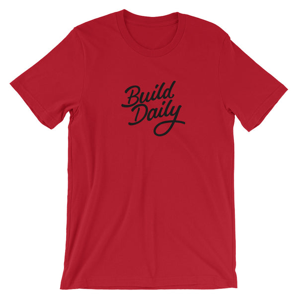 Red t shirt with black build daily signature logo