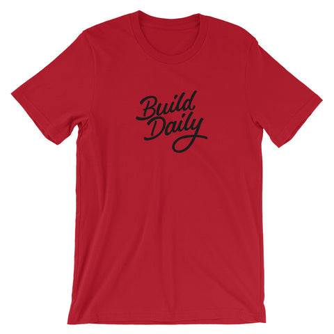 Red t shirt with black build daily signature logo