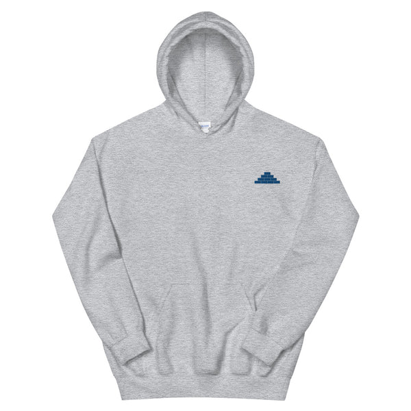 Sport grey hooded sweatshirt with royal blue build daily brick by brick logo