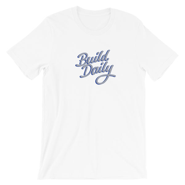 White t shirt with grey and royal blue build daily signature logo