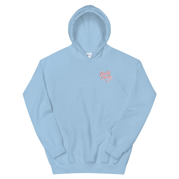 Light blue hooded sweatshirt with white and red build daily signature logo