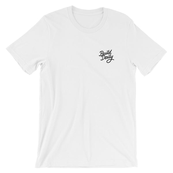 White t shirt with black build daily signature logo