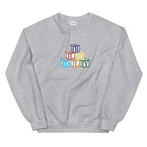 Grey crewneck sweatshirt with build daily building blocks design