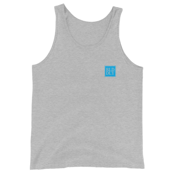 Grey tank top shirt with light blue build daily monogram logo