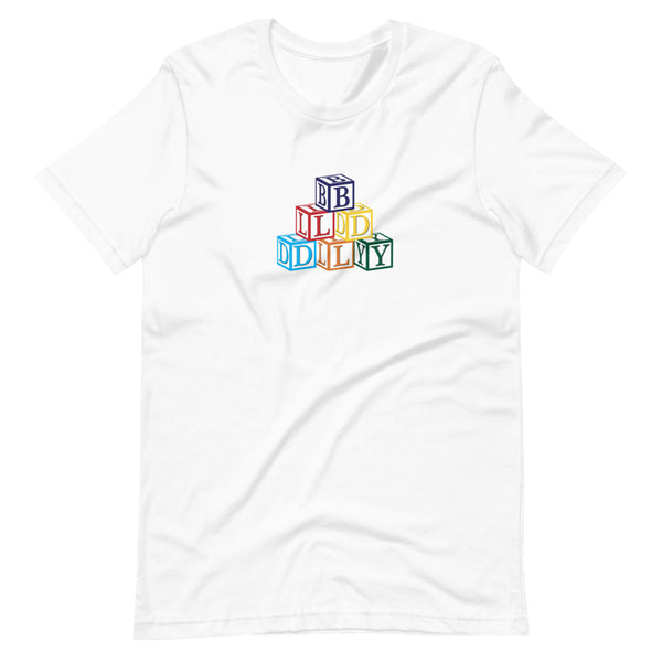 White t shirt with building blocks design printed on chest