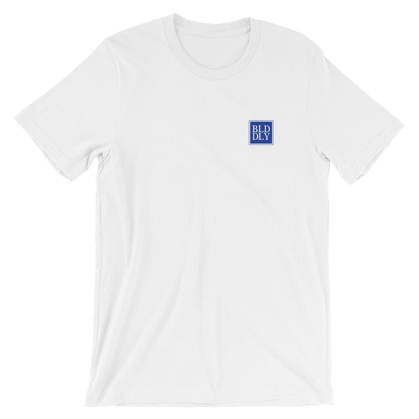 White t shirt with royal blue build daily monogram logo