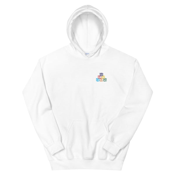 White hooded sweatshirt with build daily building blocks design