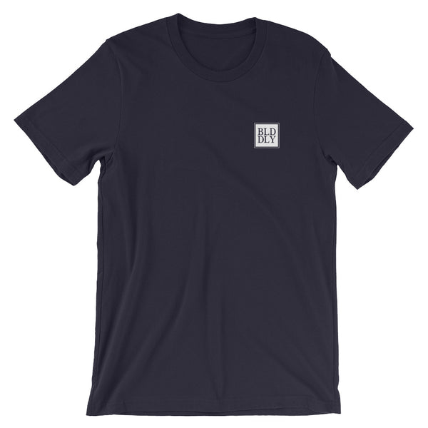 Navy blue t shirt with white build daily monogram logo