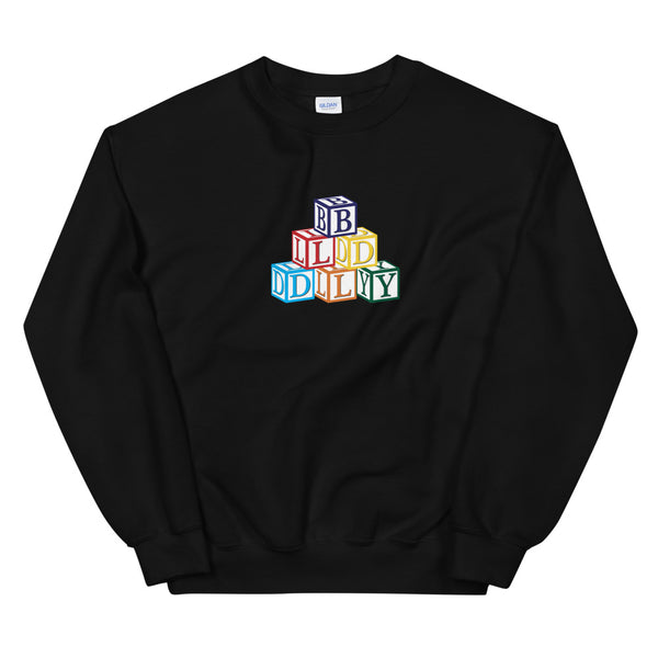 Black crewneck sweatshirt with build daily building blocks design