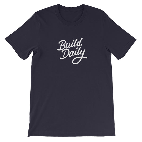 Navy  t shirt with white build daily signature logo