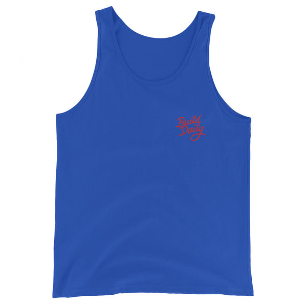 Royal blue tank top shirt with red build daily signature logo