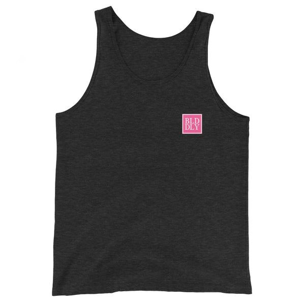 Black tank top shirt with pink and white build daily monogram logo