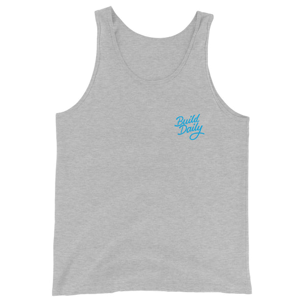 Grey tank top shirt with light blue build daily signature logo