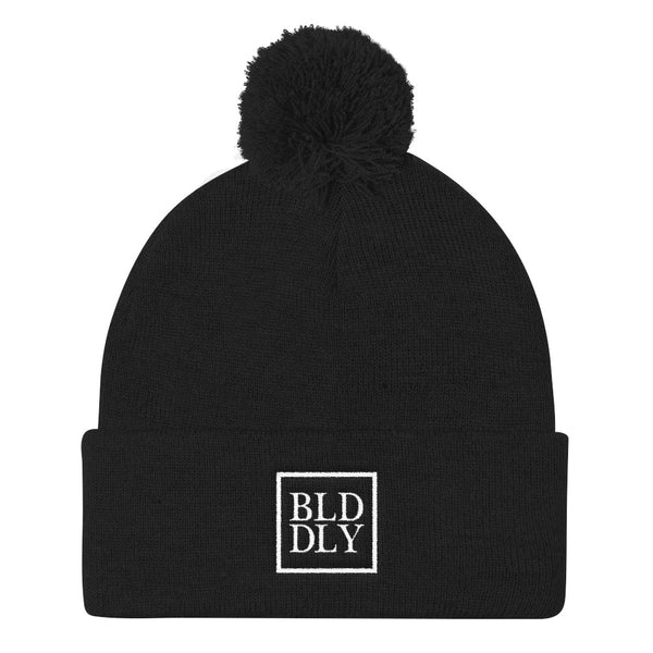 Black beanie with white build daily monogram logo