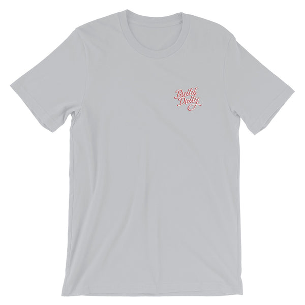 Grey t shirt with white and red build daily signature logo