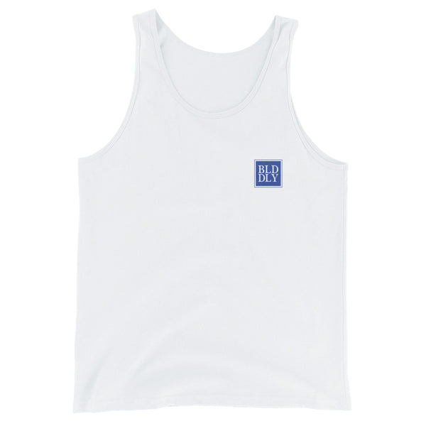 White tank top shirt with royal blue build daily monogram logo