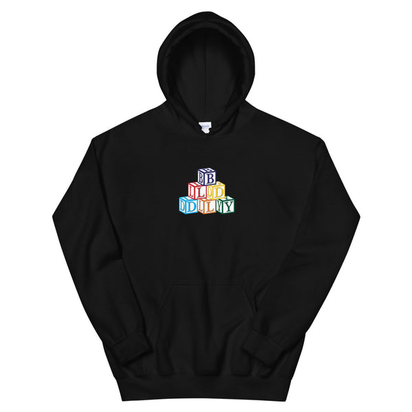 Black hooded sweatshirt with build daily building blocks design