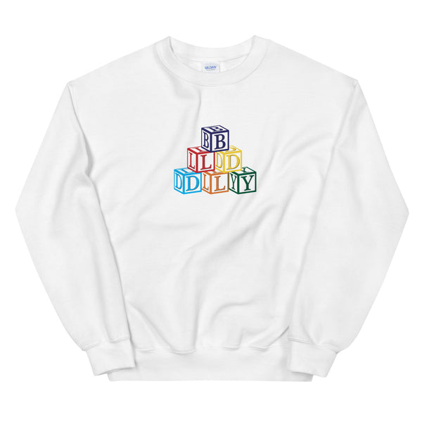 White crewneck sweatshirt with build daily building blocks design