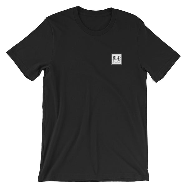 Black t shirt with white build daily monogram logo