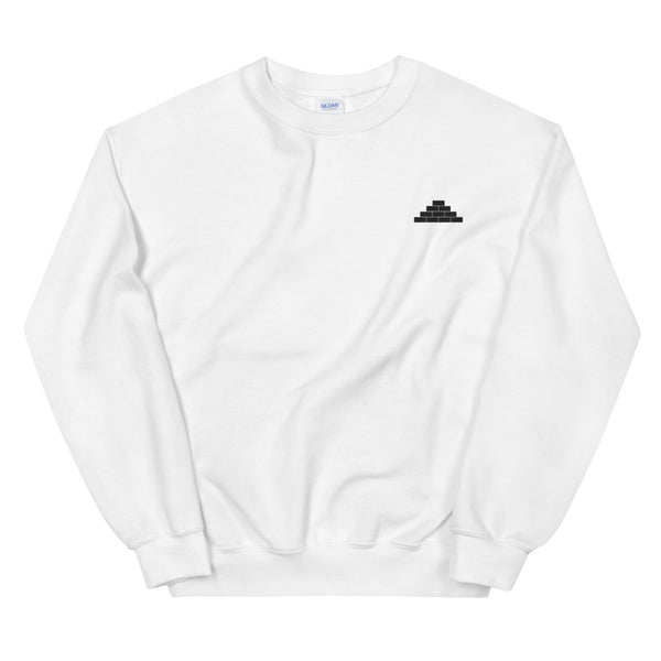 White crewneck sweatshirt with black build daily brick by brick logo