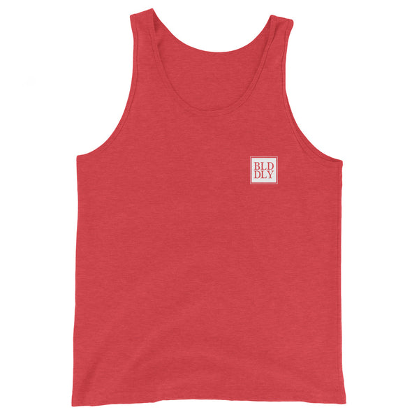 Red tank top shirt with white build daily monogram logo