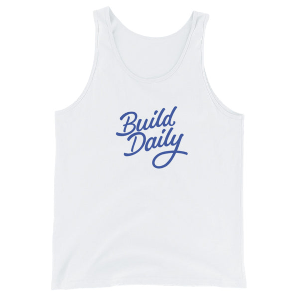 White tank top shirt with royal blue build daily signature logo