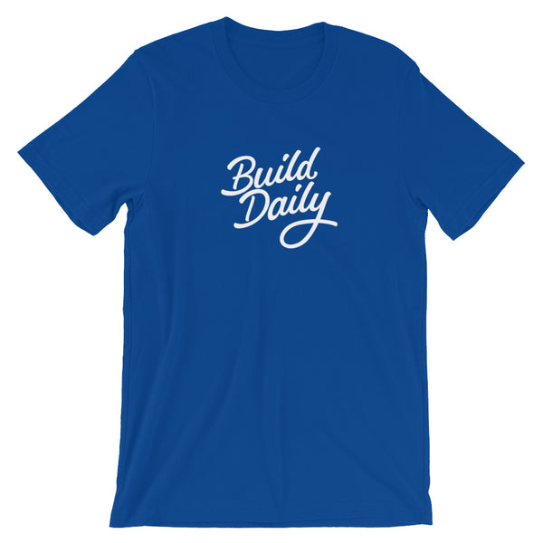 Royal blue t shirt with white build daily signature logo