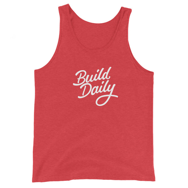 Red tank top shirt with white build daily signature logo